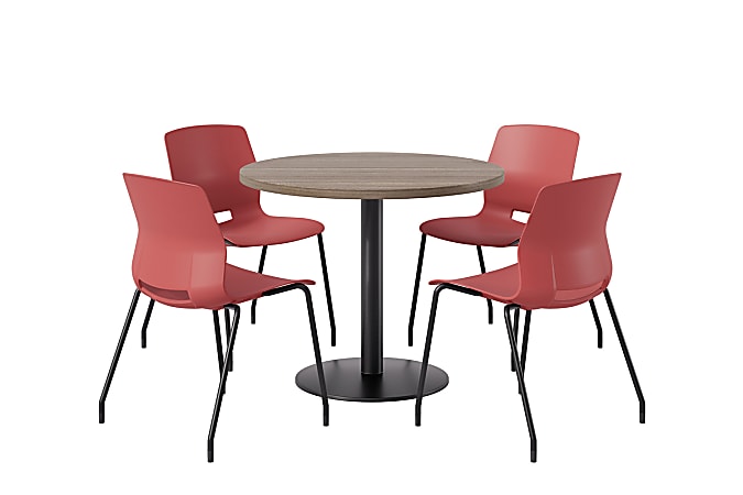 KFI Studios Midtown Pedestal Round Standard Height Table Set With Imme Armless Chairs, 31-3/4”H x 22”W x 19-3/4”D, Studio Teak Top/Black Base/Coral Chairs
