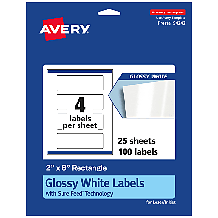 Avery® Glossy Permanent Labels With Sure Feed®, 94242-WGP25, Rectangle, 2" x 6", White, Pack Of 100