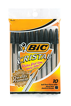 BIC Cristal Ball Pens, Medium Point, Translucent Barrel, Black Ink, Pack Of 10 Pens