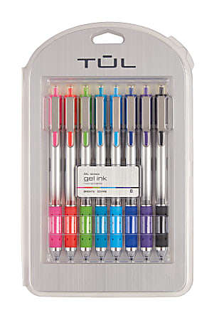 TUL® Retractable Gel Pens, Fine Point, 0.5 mm, Silver Barrel, Assorted Bright Inks, Pack Of 8 Pens