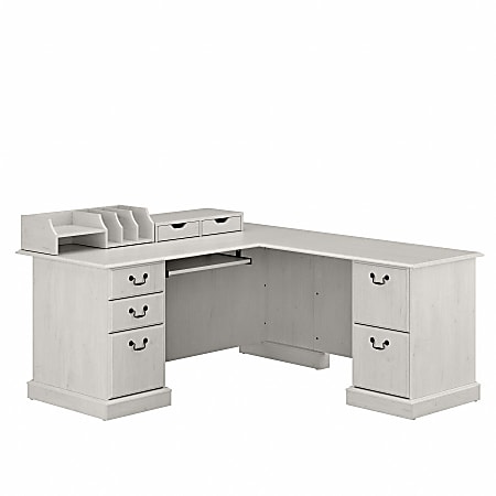 Bush Furniture Saratoga 66"W L-Shaped Computer Desk With Drawers And Desktop Organizers, Linen White Oak, Standard Delivery