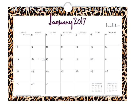 Nicole Miller Monthly Lined Wall Calendar, 11" x 8 3/4", 50% Recycled, Leopard, January to December 2017
