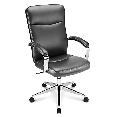 Realspace® Maryton Leather High-Back Executive Chair, 45 1/4"H x 25 1/4"W x 31 1/2"D, Graphite Gray/Chrome