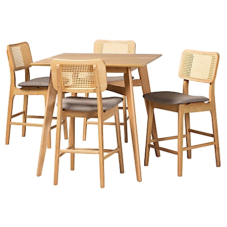 Baxton Studio Dannon 5-Piece Pub Set, 36”H x 35-7/16”W x 35-7/16”D, Gray/Natural Oak/Light Brown