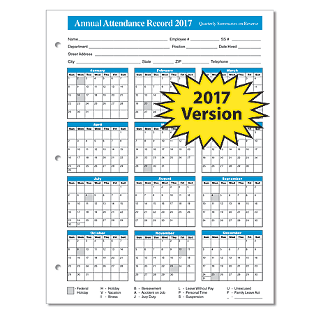 ComplyRight 2017 Attendance Calendars, 8 1/2" x 11", Pack Of 50