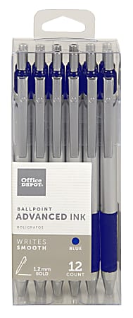 Office Depot® Brand Advanced Ink Retractable Ballpoint Pens, Bold Point, 1.2 mm, Silver Barrel, Blue Ink, Pack Of 12
