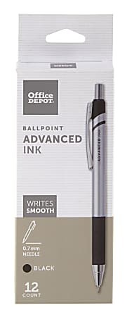 Office Depot® Brand Advanced Ink Retractable Ballpoint Pens, Needle Point, 0.7 mm, Silver Barrel, Black Ink, Pack Of 12