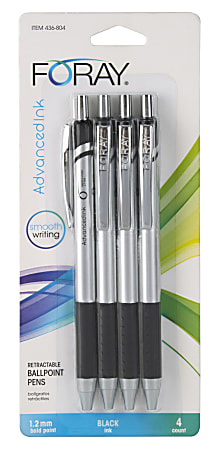 FORAY® Advanced Ink Retractable Ballpoint Pens, Bold Point, 1.2 mm, Silver Barrel, Black Ink, Pack Of 4