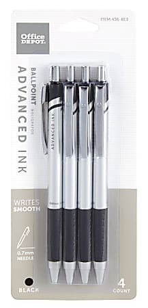 Office Depot® Brand Advanced Ink Retractable Ballpoint Pens, Needle Point, 0.7 mm, Silver Barrel, Black Ink, Pack Of 4