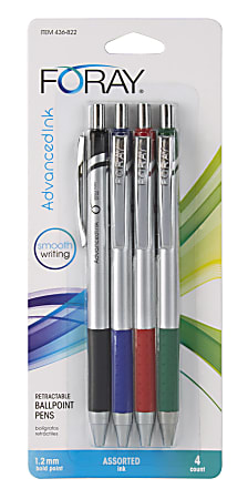 FORAY® Advanced Ink Retractable Ballpoint Pens, Bold Point, 1.2 mm, Silver Barrel, Assorted Ink Colors, Pack Of 4