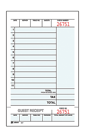 Adams® Guest Check Books, 2-Part, 4 1/4" x 7 1/4", 5 Pads Of 50 Sets Each (250 Guest Checks Total)