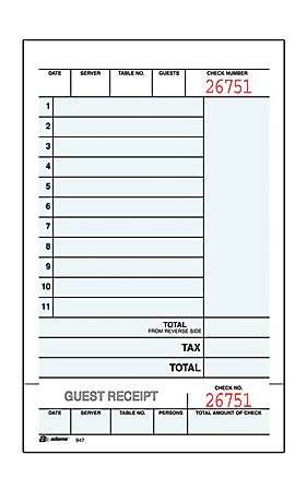 Adams® Guest Check Books, 2-Part, 4 1/4" x 7 1/4", 5 Pads Of 50 Sets Each (250 Guest Checks Total)