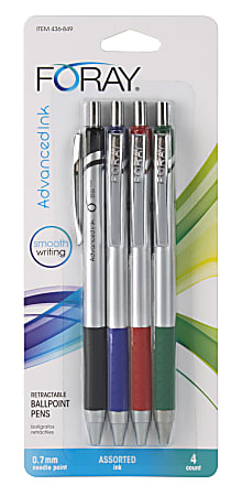 FORAY® Advanced Ink Retractable Ballpoint Pens, Needle Point, 0.7 mm, Silver Barrel, Assorted Ink Colors, Pack Of 4