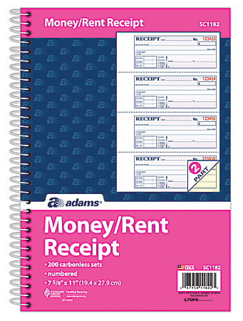 Spiral Bound 7-5/8 x 11 Adams Money and Rent Receipt Book - 3 Pack 200 Sets per Book 2-Part Carbonless 4 Receipts per Page SC1182