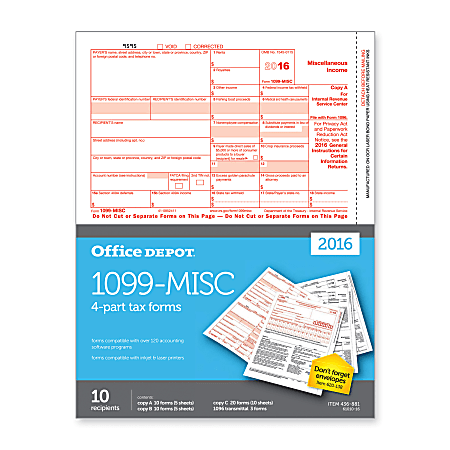 Office Depot® Brand 1099-MISC Inkjet/Laser Tax Forms, 2-Up, 4-Part, 8 1/2" x 11", Pack Of 10 Forms