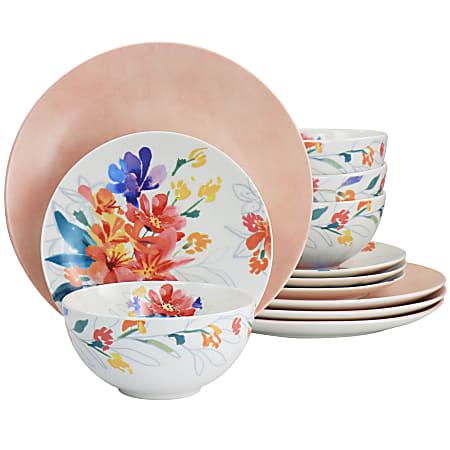 Spice by Tia Mowry Goji Blossom 12-Piece Fine Ceramic Dinnerware Set, Pink