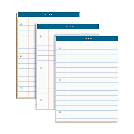 TOPS™ Double Docket™ Perforated Writing Pads, 3-Hole Punched, 8 1/2" x 11 3/4", Legal Ruled, 100 Sheets, White, Pack Of 3 Pads