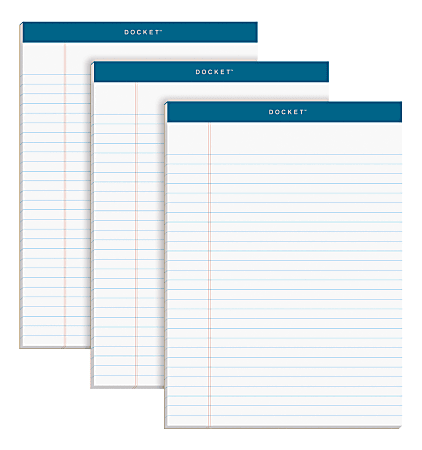TOPS™ Docket® Perforated Writing Pads, 8 1/2" x 11 3/4", Legal Ruled, 50 Sheets, White, Pack Of 3 Pads