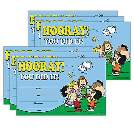 Eureka Recognition Awards, Peanuts, 8-1/2” x 5-1/2”, 36 Awards Per Pack, Set Of 6 Packs