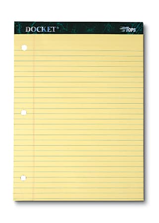 TOPS™ Docket™ Perforated Writing Tablets, 3-Hole Punched, 8 1/2" x 11", Legal Ruled, 100 Pages (50 Sheets), Canary, Pack Of 12