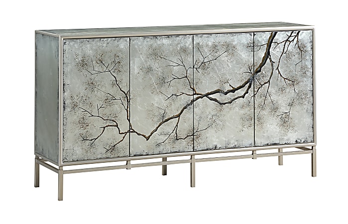 Coast to Coast Silverton 4-Door Sideboard Credenza With Reverse Painted Glass, 39"H x 70"W x 19"D, Silvermist Winter Forest