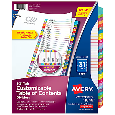 Avery® Ready Index® 1-31 Tab With Customizable Table Of Contents Binder Dividers, 8-1/2" x 11", 31 Tab, White/Multicolor, 1 Set