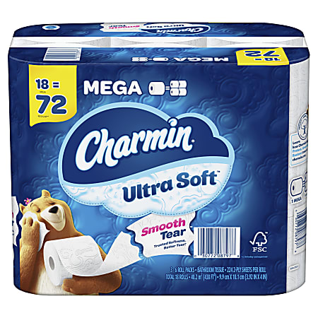 Charmin Ultra Soft 2-Ply Mega Roll Toilet Paper, 4" x 4", White, 224 Sheets Per Roll, Pack Of 18 Rolls