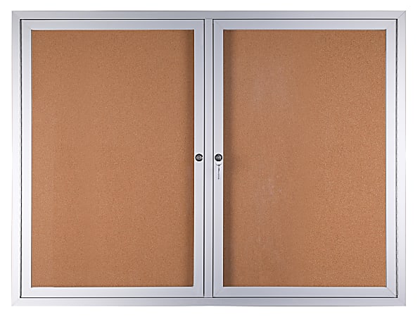 WorkPro® Enclosed Double-Door Cork Bulletin Board, 36" x 48", Aluminum Frame With Silver Finish