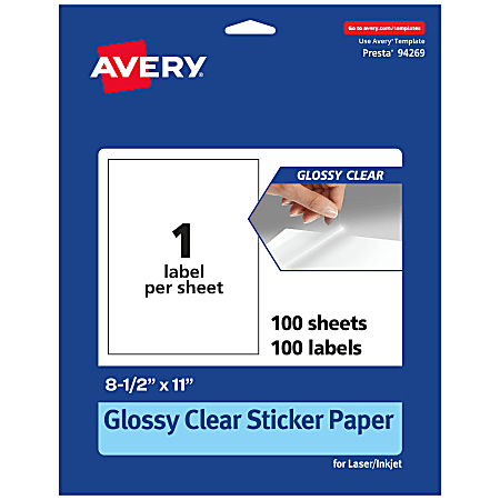 Avery® Glossy Permanent Labels, 94269-CGF100, Rectangle, 8-1/2" x 11", Clear, Pack Of 100