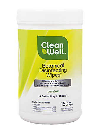 CleanWell Botanical Disinfecting Wipes, Lemon Scent, 160 Sheets Per Canister, Case of 6 Canisters