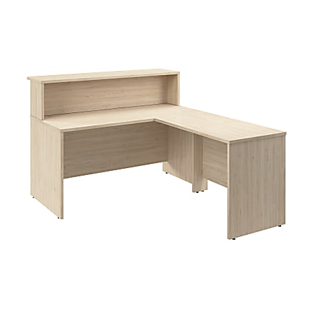 Bush Business Furniture Arrive 60"W L Shaped Reception Desk with Shelf, Natural Elm, Standard Delivery