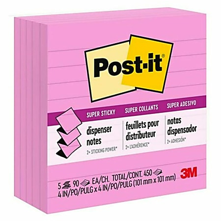Post-it® Super Sticky Pop-up Lined Notes Refills, 4" x 4", Neon Pink, Pack of 5