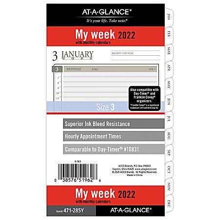 AT-A-GLANCE® Weekly/Monthly Planner Calendar Refill Pages, 3-3/4” x 6-3/4”, White, January To December 2022, 471-285Y