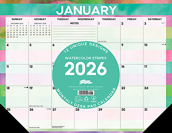 2026 Willow Creek Press Desk Pad Calendar, 22" x 17", Watercolor Stripes, January To December, 57292