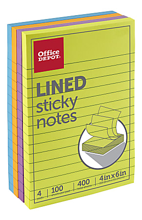 Office Depot® Brand Lined Sticky Notes, 4" x 6", Assorted Vivid Colors, 100 Sheets Per Pad, Pack Of 4 Pads