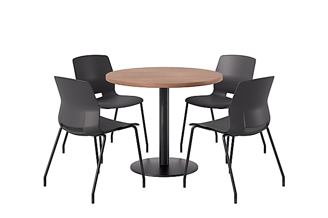 KFI Studios Midtown Pedestal Round Standard Height Table Set With Imme Armless Chairs, 31-3/4”H x 22”W x 19-3/4”D, River Cherry Top/Black Base/Black Chairs
