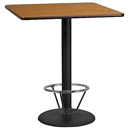 Flash Furniture Square Laminate Table Top With Round Bar Height Table Base And Foot Ring, 43-3/16”H x 36”W x 36”D, Natural