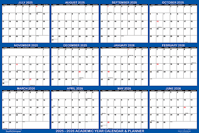 2025-2026 SwiftGlimpse Academic Erasable Monthly Wall Calendar, 32" x 48", White/Blue, July 2025 To June 2026