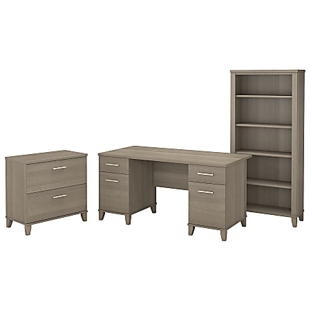 Bush Business Furniture Somerset 60"W Office Computer Desk With Lateral File Cabinet And 5 Shelf Bookcase, Ash Gray, Standard Delivery