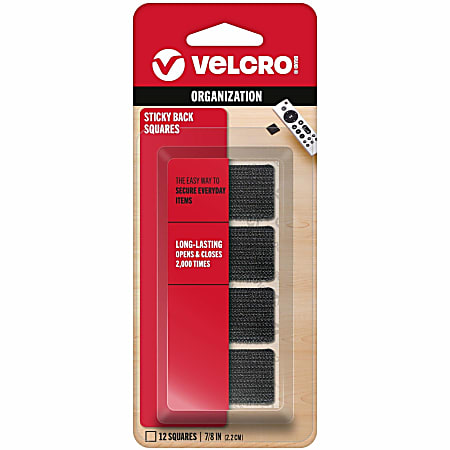 VELCRO® Brand Sticky Back Squares, 0.88"W x 0.88"L, Black, Pack Of 12