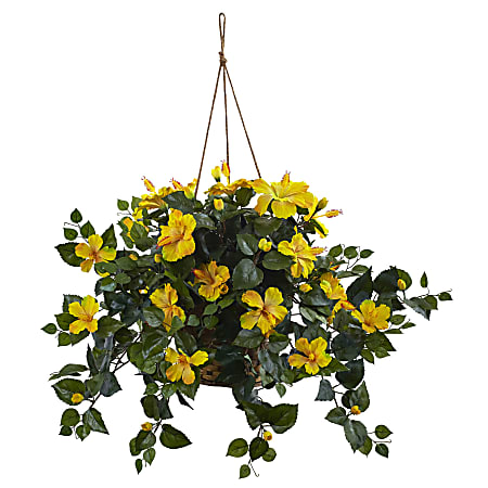 Nearly Natural Hibiscus 22”H Artificial Plant With Hanging Basket, 22”H x 28”W x 24”D, Yellow