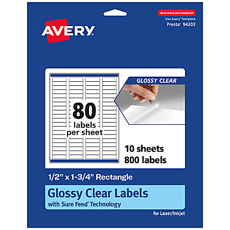 Avery® Glossy Permanent Labels With Sure Feed®, 94203-CGF10, Rectangle, 1/2" x 1-3/4", Clear, Pack Of 800