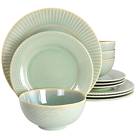 Gibson Elite Luminetts 12-Piece Fine Ceramic Dinnerware Set, Light Green