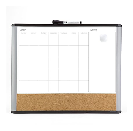 U Brands® Magnetic MOD 3-In-1 Magnetic Dry-Erase Calendar Board, Painted Steel, 20" x 16", Black/Gray Plastic Frame
