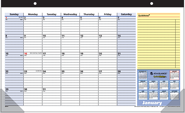 AT-A-GLANCE® QuickNotes® 13-Month Desk Pad Calendar, 17 3/4" x 10 7/8", 30% Recycled, January 2014–January 2015