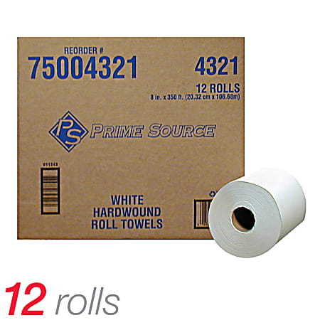 Prime Source® Hardwound White Roll Towels, 7 7/8" x 350', Case Of 12 Rolls