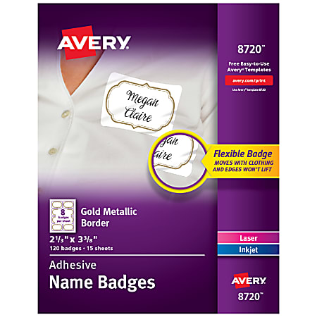 Avery® Adhesive Name Badges, Metallic Borders, 2 1/3" x 3 3/8", White, Pack Of 120 Badges