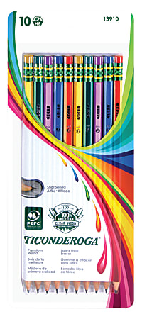 Ticonderoga&reg; Striped Wood Pencils, #2 Soft Lead, Pre-sharpened, Assorted Colors, Pack Of 10