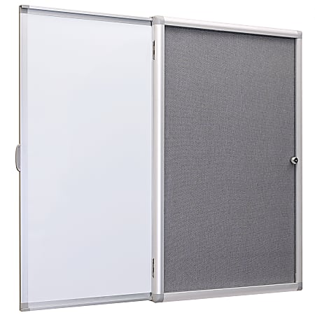 Excello Wall-Mounted Enclosed Sliding Magnetic Dry-Erase Cork Bulletin Combo Board, 36” x 24”, White/Gray, Silver Brushed Metal Frame