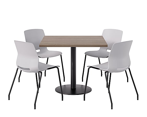 KFI Studios Proof Cafe Pedestal Table With Imme Chairs, Square, 29”H x 36”W x 36”W, Studio Teak Top/Black Base/Light Gray Chairs